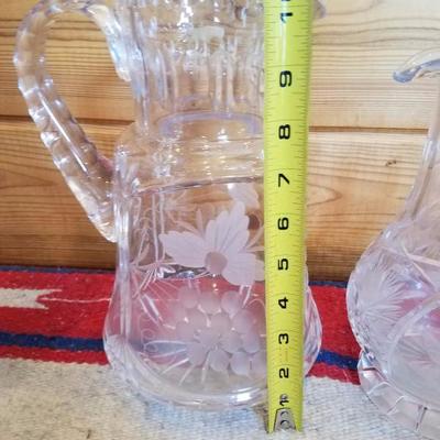 Lot-B15 Pair of 2 Pc Frosted Etched Glass Crystal Pitchers
