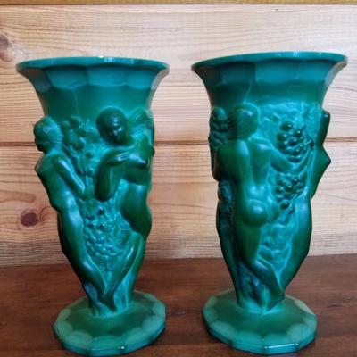 Lot-B19 Pair of Czech Bohemian Modern Art Deco Nude Women Vases