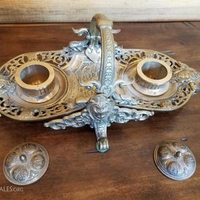 Lot-E11 Antique Solid Brass Footed Double Cup Ink Well Stand 