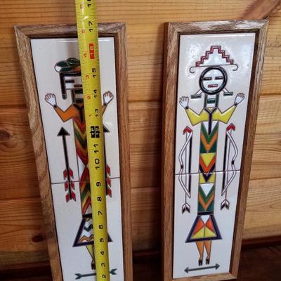 Lot-B33 Pair of Framed Southwestern Yei Tile Art Wall Hanging DÃ©cor
