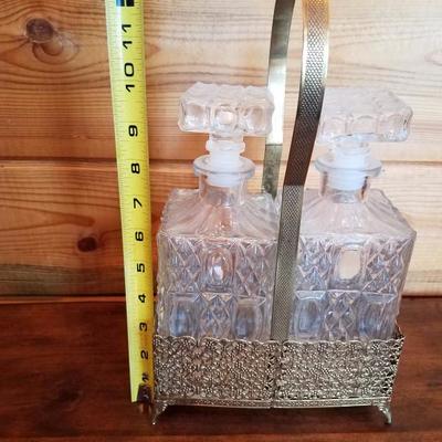 Lot-B62 Pair of Art Deco Liquor Crystal Glass Decanters w/ Holster