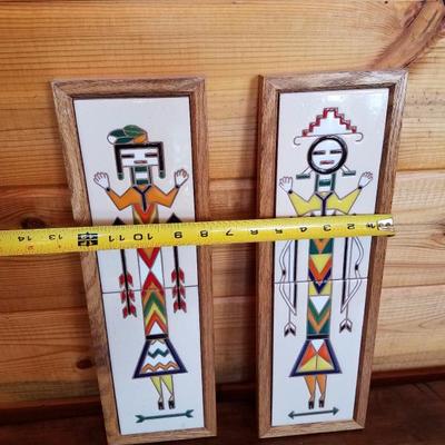 Lot-B33 Pair of Framed Southwestern Yei Tile Art Wall Hanging DÃ©cor