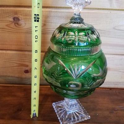 Lot-B66  Bohemian Czech Crystal Glass Emerald Green Cut to Clear Dish w/ Lid