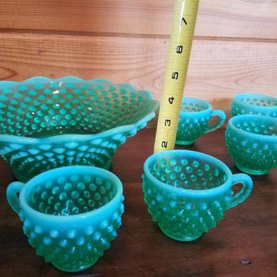 Lot-B25 Green Fenton Hobnail Milk Glass Punch Set for 12