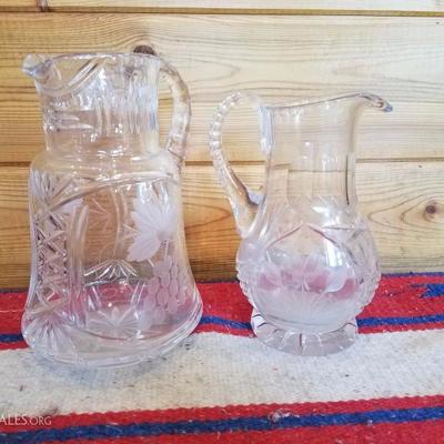 Lot-B15 Pair of 2 Pc Frosted Etched Glass Crystal Pitchers