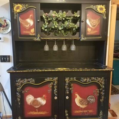 Lot-C1 2 Pc Le Coq Hand Painted Wine Bar Hutch Country Decor 82.5x60x18
