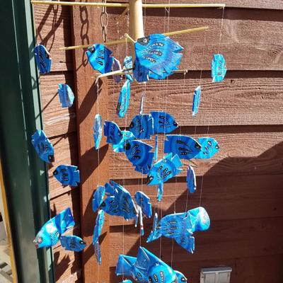 Lot-B42 Blue Wooden Painted Fish Wind Chime 