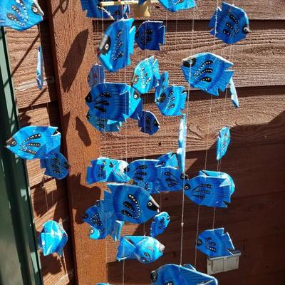 Lot-B42 Blue Wooden Painted Fish Wind Chime 