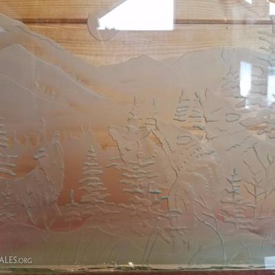 Lot-B58 Frosted Cut Glass Decorative Wolf Themed Scene 