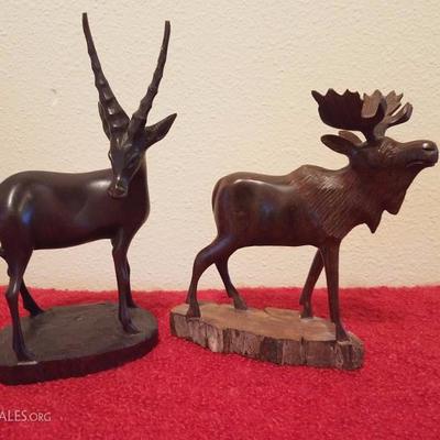 Lot-C16 2 Pc Carved Ironwood Figures Gazelle & Moose
