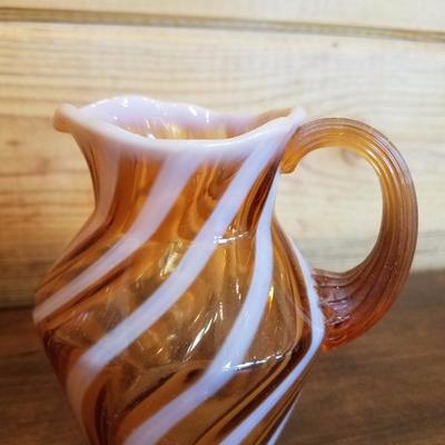 Lot-B17 2 Pc Optic Cameo Swirl Fenton Glass Set Mini Pitcher & Vase
