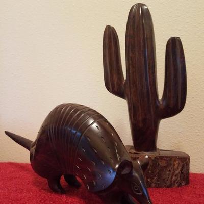 Lot-C15 2 Pc Carved Ironwood Figures Armadillo & Cactus