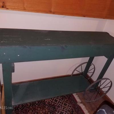 Lot-D12 Vintage Green Rolling Bar Cart Painted Wood