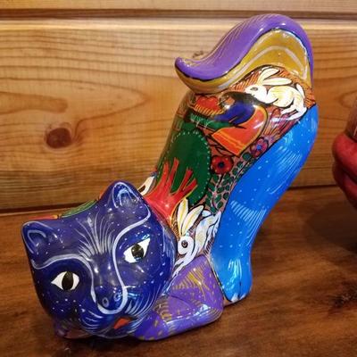 Lot-C2 2 Pc Talavera Mexican Pottery Hand Painted Cat & Fish Decorative Figures