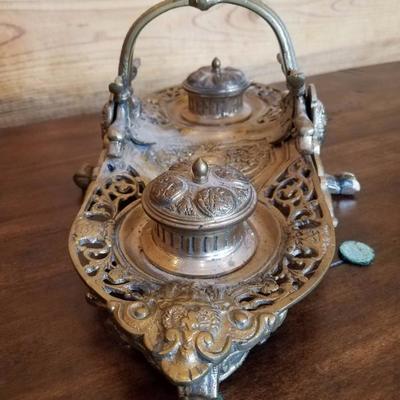 Lot-E11 Antique Solid Brass Footed Double Cup Ink Well Stand 