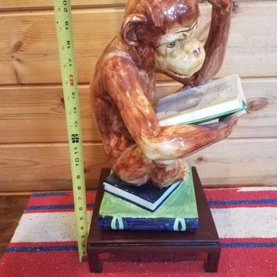 Lot-C12 Painted Ceramic Thinking Monkey Statue w/ Pedestal