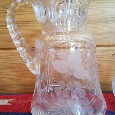 Lot-B15 Pair of 2 Pc Frosted Etched Glass Crystal Pitchers