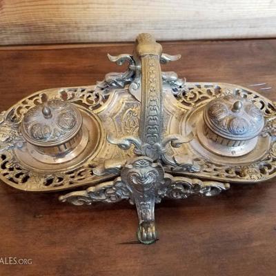 Lot-E11 Antique Solid Brass Footed Double Cup Ink Well Stand 