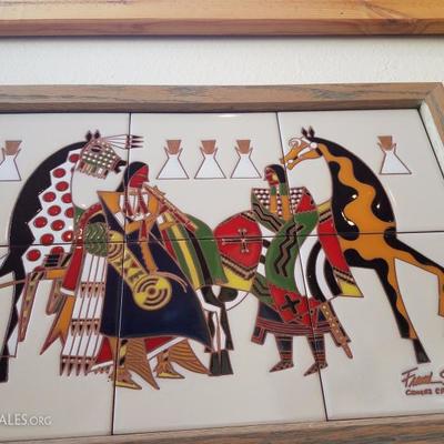 Lot-B12 Tecolote Tiles of Sante Fe 14.5x20.5 Framed Tile Art 2 Palominos