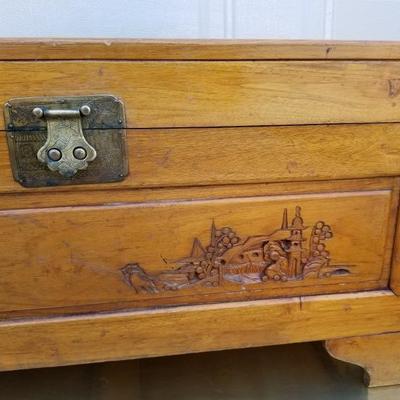Vintage Oriental Carved Wood Chest Trunk