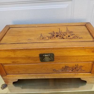 Vintage Oriental Carved Wood Chest Trunk