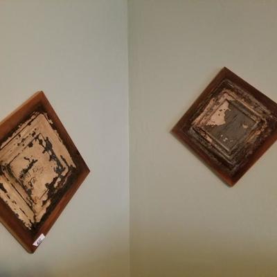 Pair of Antique Metal Ceiling Tiles Decorative Wall Hangers