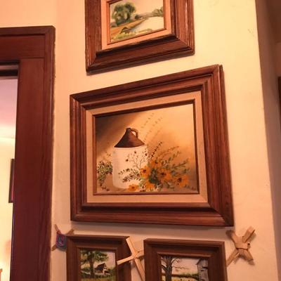 Framed Painted Artworks and table