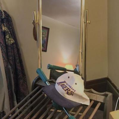 vintage pants hangers, mirror, back massager