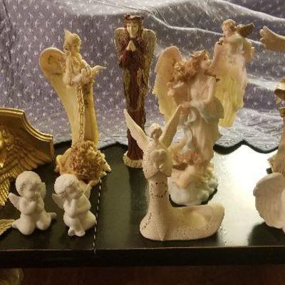 Collection Of Various Decorative Angels & Cherubs Figurines And Shelf