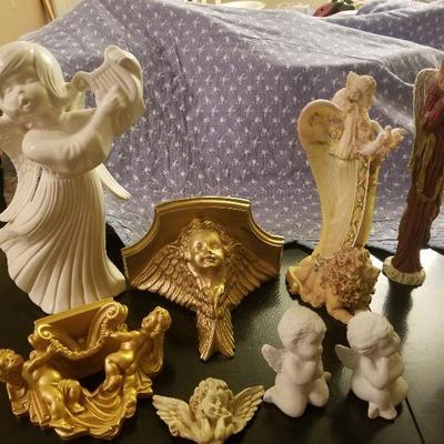 Collection Of Various Decorative Angels & Cherubs Figurines And Shelf