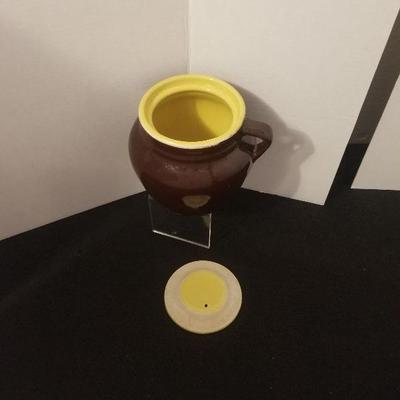 Antique Stoneware Hall 762? or 782 Bean Pot Brown Yellow Lid No Chips - #37-A