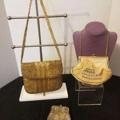 3 Antique Beaded Purses Clutch Mesh Metal Change Bags - #31-A