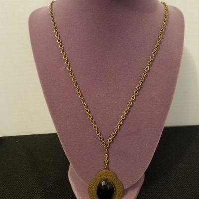 Vintage Brass & Onyx Necklace & Pendant - No Stamp - #126-A