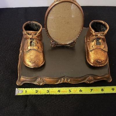 Antique/Vintage Cast Iron Copper Coated Picture Frame & Baby Shoes - #88-A