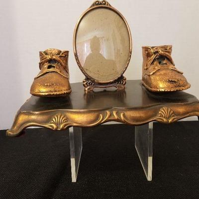 Antique/Vintage Cast Iron Copper Coated Picture Frame & Baby Shoes - #88-A