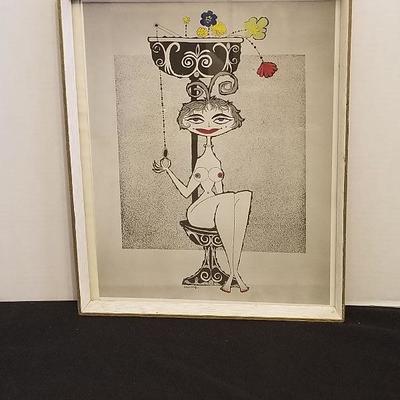 Cute Vintage  Framed Print Naked Lady On The Toilet Signed Crump - #102-A