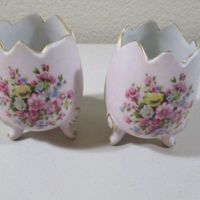 Antique/Vintage Porcelain lot of two Eggs Signed 4" Tall Pink Roses