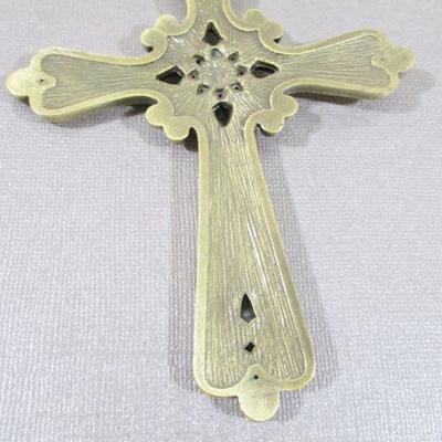 Heavy Large Enamel Cross with Pearl and Clear Rhinestones 5x4"