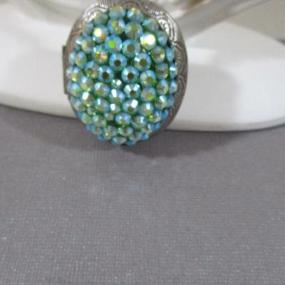 Vintage Tarina Chunky Chain  Locket Choker/ Necklace 10" Blue Crystal Rhinestone
