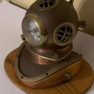 Vintage Quartz Copper Brass Diving Helmet Clock on Oak Base