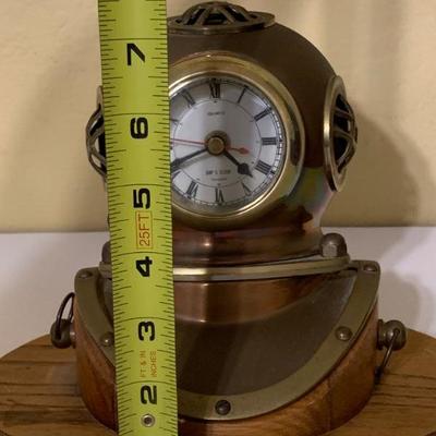 Vintage Quartz Copper Brass Diving Helmet Clock on Oak Base