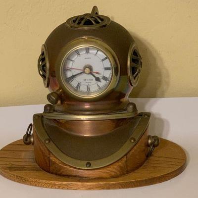 Vintage Quartz Copper Brass Diving Helmet Clock on Oak Base