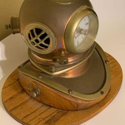 Vintage Quartz Copper Brass Diving Helmet Clock on Oak Base