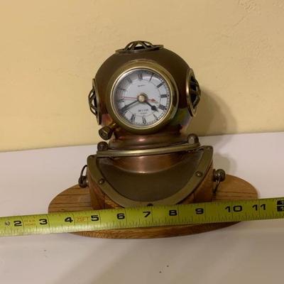 Vintage Quartz Copper Brass Diving Helmet Clock on Oak Base