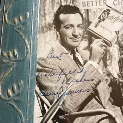 4" x 6" Autographed picture of Harry James and the Advertisement  of Chesterfield Kings makes this even more collectable.
