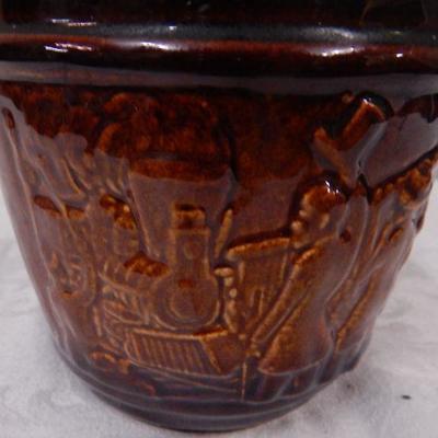 Brown Stoneware Bottle w/ Wagon Scene and Train Scene - 8-1/2" Tall
