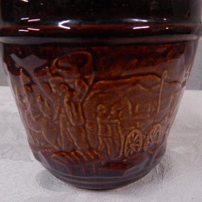 Brown Stoneware Bottle w/ Wagon Scene and Train Scene - 8-1/2" Tall