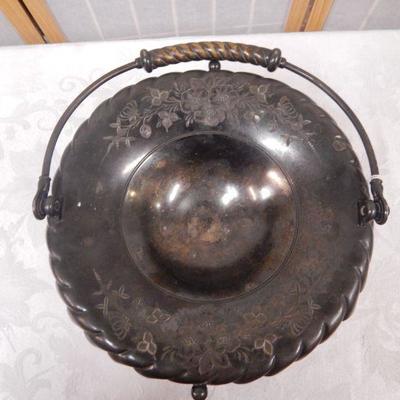 Floral Engraved Metal Basket w/ Handle 