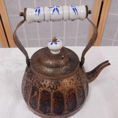 Metal Tea Kettle w/ White & Blue Ceramic Handle