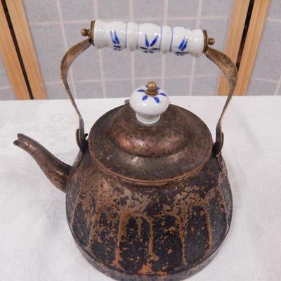 Metal Tea Kettle w/ White & Blue Ceramic Handle